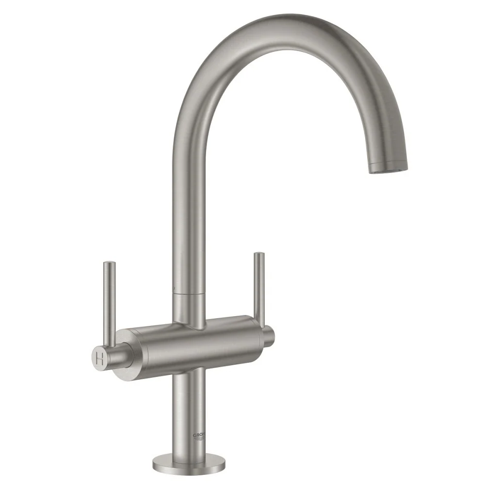 Baterie lavoar aspect inox Grohe Atrio L, dubla comanda, manere levier