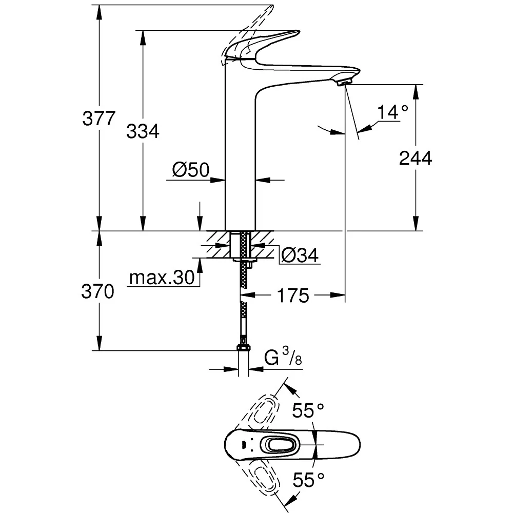 Baterie lavoar pe blat alba Grohe Eurostyle, marime XL
