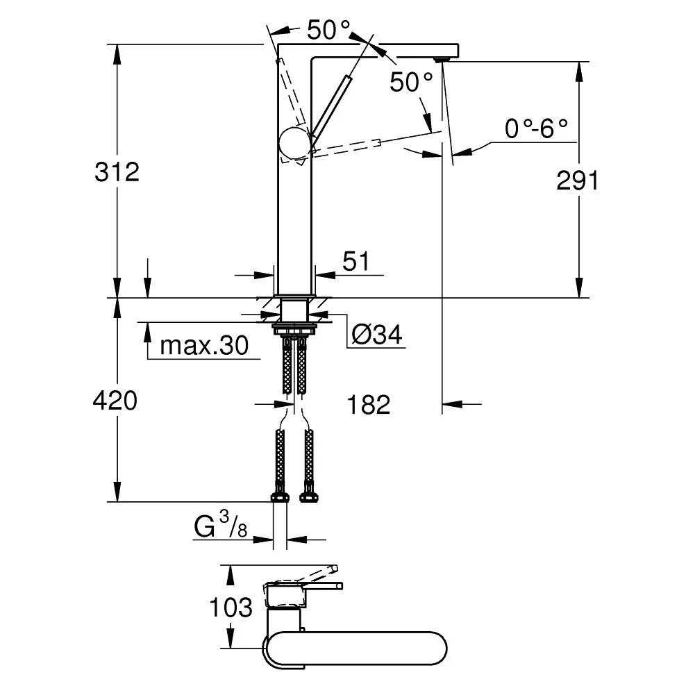 Baterie lavoar pe blat antracit mat Grohe Plus, fara ventil, marime XL