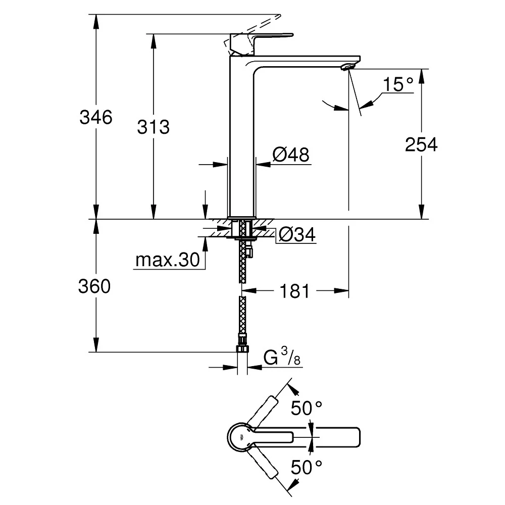 Baterie lavoar pe blat aspect inox Grohe Lineare, marime XL