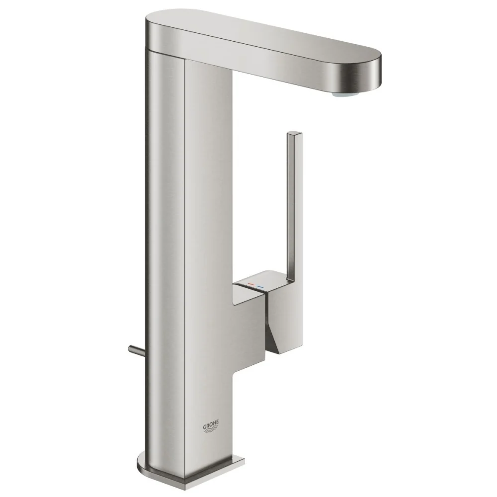 Baterie lavoar pe blat aspect inox Grohe Plus, cu dus extractibil, ventil pop-up