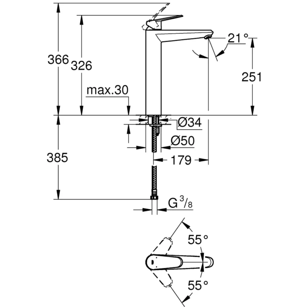 Baterie lavoar pe blat Grohe Eurodisc Cosmopolitan, marime XL