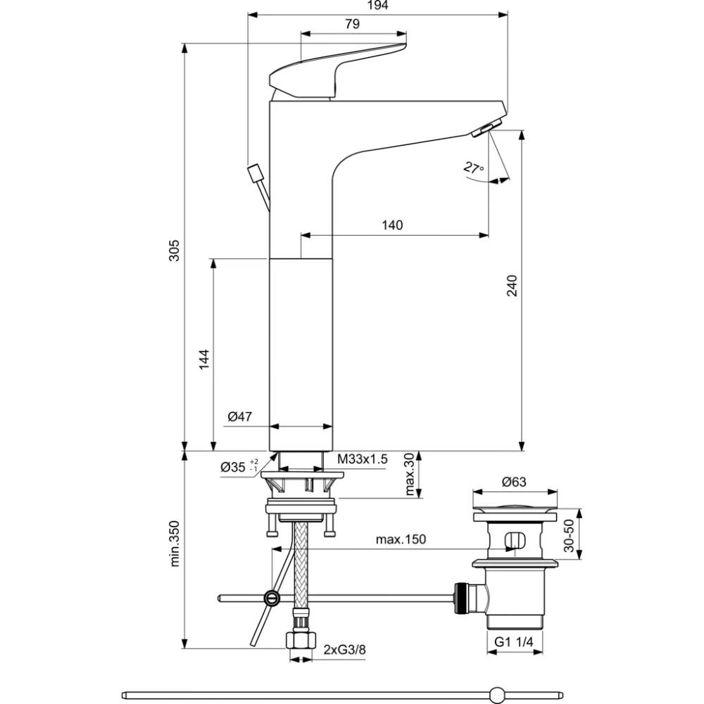 Baterie lavoar pe blat Ideal Standard Ceraflex Vessel, cu ventil metalic pop-up
