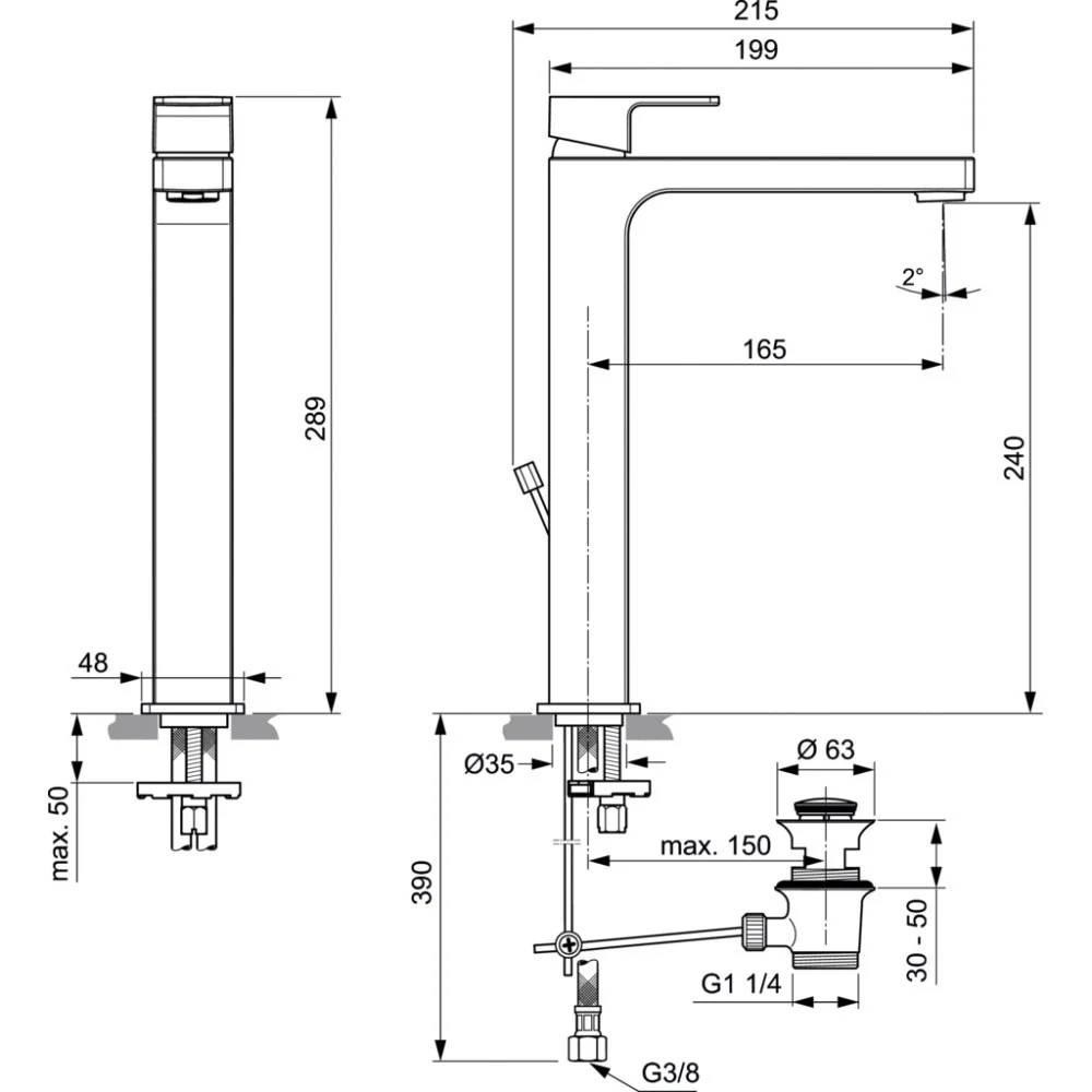Baterie lavoar pe blat Ideal Standard Edge, H29 cm, ventil metalic