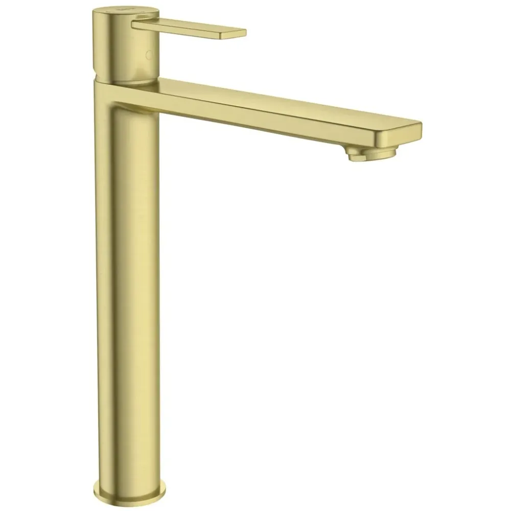Baterie lavoar pe blat Roca Targa, Cold Start H26 cm, fara ventil, auriu mat (brushed brass)