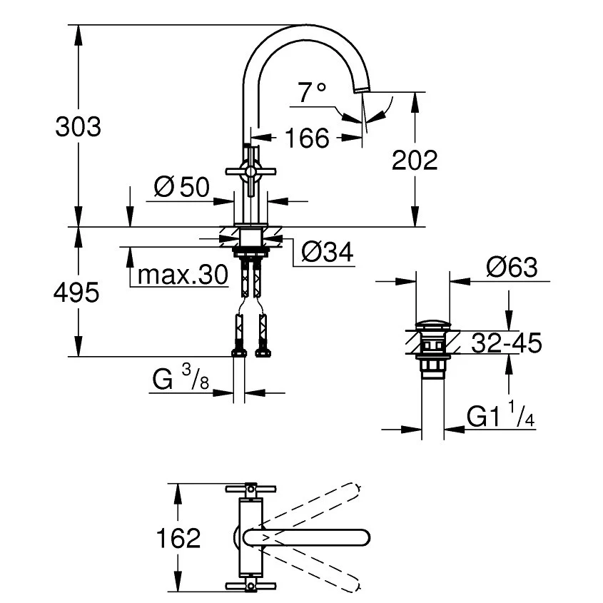 Baterie lavoar cupru Grohe Atrio L, dubla comanda, cu ventil click-clack, manere cruce