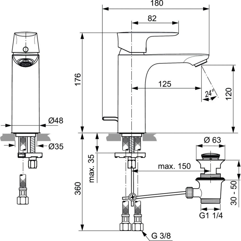 Baterie lavoar gri Ideal Standard Connect Air Grande FirmaFlow, cu ventil metalic