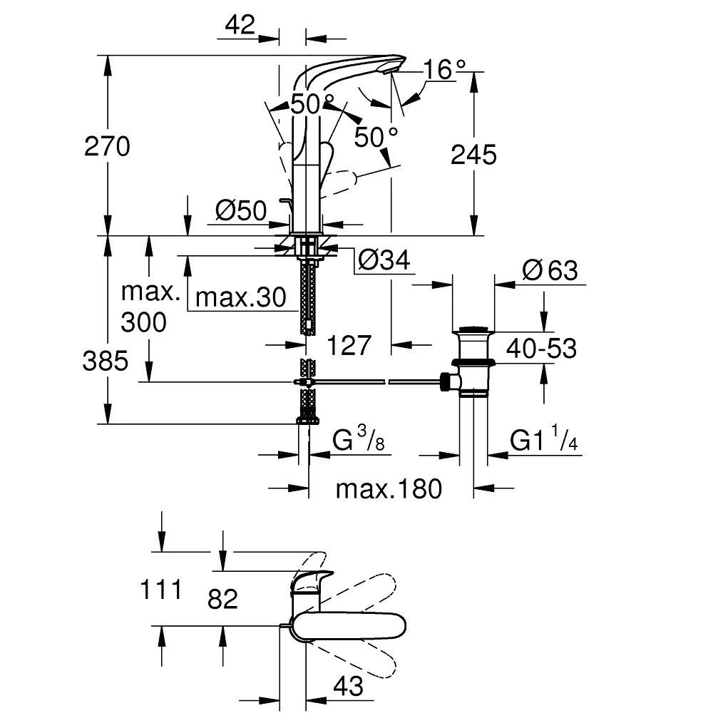Baterie lavoar Grohe Eurostyle, cu maner plin, crom, marime L