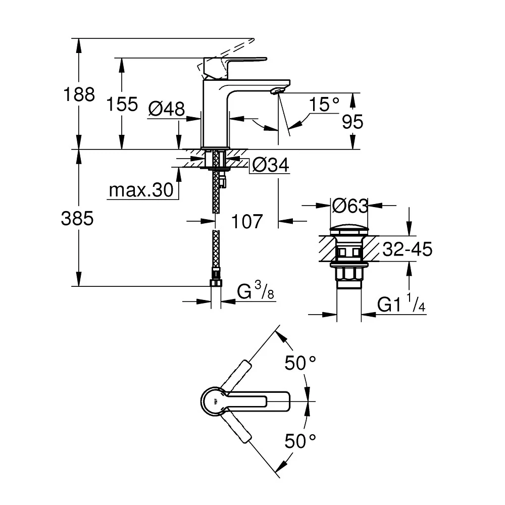 Baterie lavoar Grohe Lineare, cu ventil click-clack, marime XS