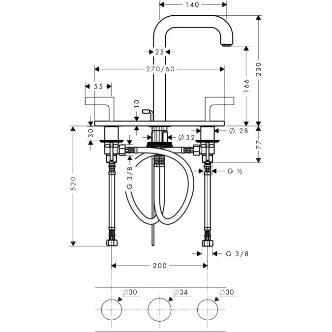 Baterie lavoar Hansgrohe Axor Citterio 170, dubla comanda, cu suport si ventil pop-up, manere tip L