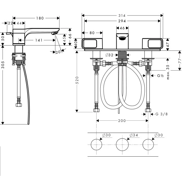 Baterie lavoar Hansgrohe Axor Urquiola 50, dubla comanda, cu suport si ventil pop-up