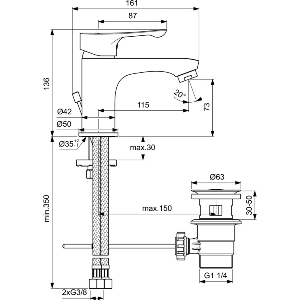Baterie lavoar Ideal Standard Alpha, ventil pop-up plastic