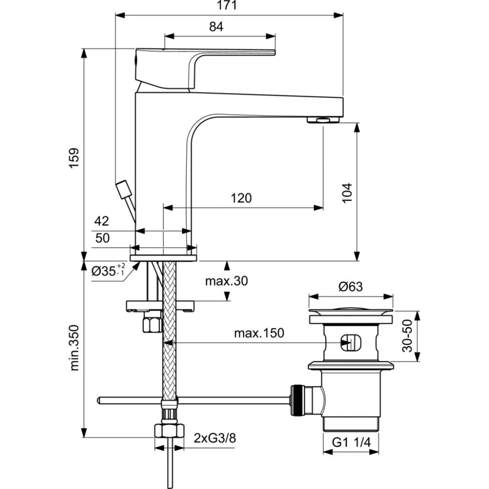 Baterie lavoar Ideal Standard Cerafine D, H16 cm, ventil pop-up metalic