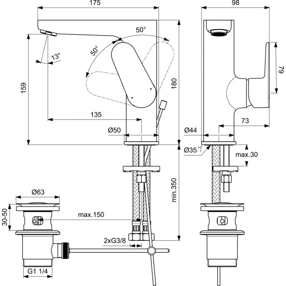 Baterie lavoar Ideal Standard Cerafine O, H18 cm, ventil pop-up metalic