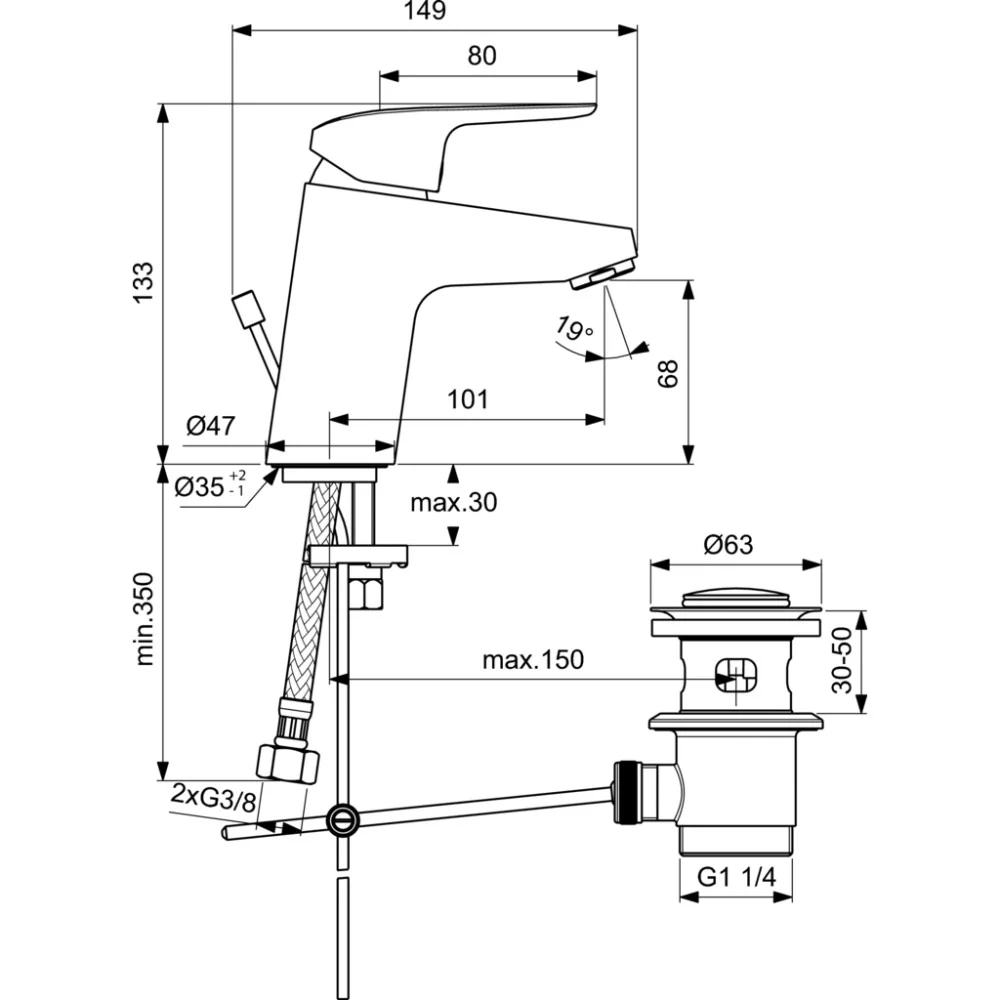 Baterie lavoar Ideal Standard Ceraflex, H13 cm, cu ventil metalic