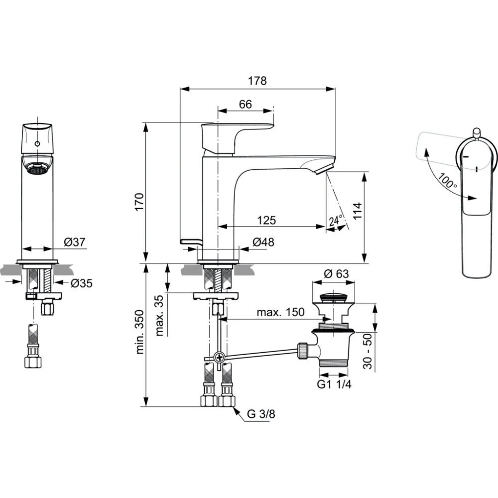 Baterie lavoar Ideal Standard Connect Air Grande Blue Start, cu ventil metalic