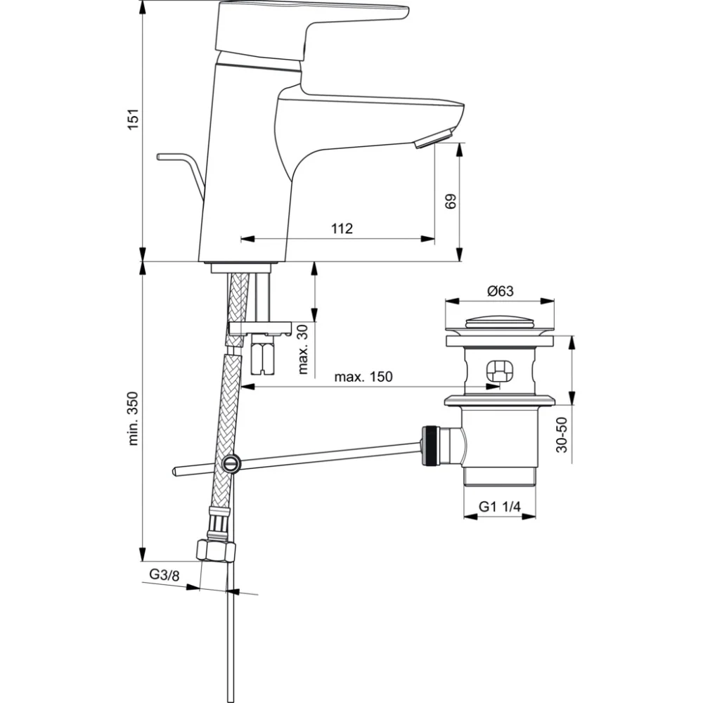 Baterie lavoar Ideal Standard Connect Blue, cu ventil pop-up metalic si limitator debit