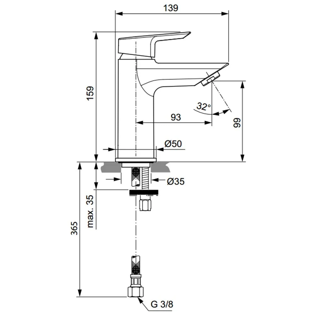 Baterie lavoar Ideal Standard Tesi, fara ventil, cu limitator debit