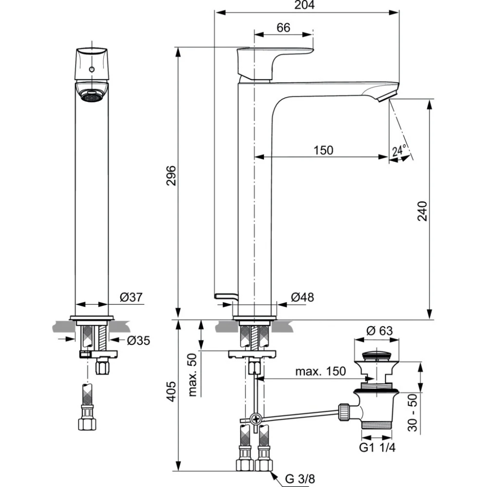 Baterie lavoar inalta gri argintiu Ideal Standard Connect Air, ventil metalic