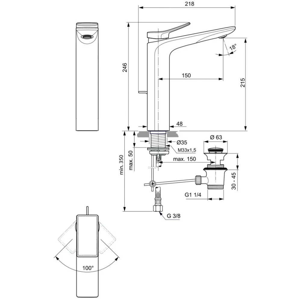 Baterie lavoar inalta gri lucios Ideal Standard Conca, cu ventil pop-up