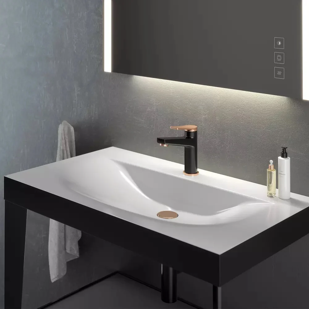 Baterie lavoar neagra mat/rose gold FDesign Seppia, cu ventil click-clack