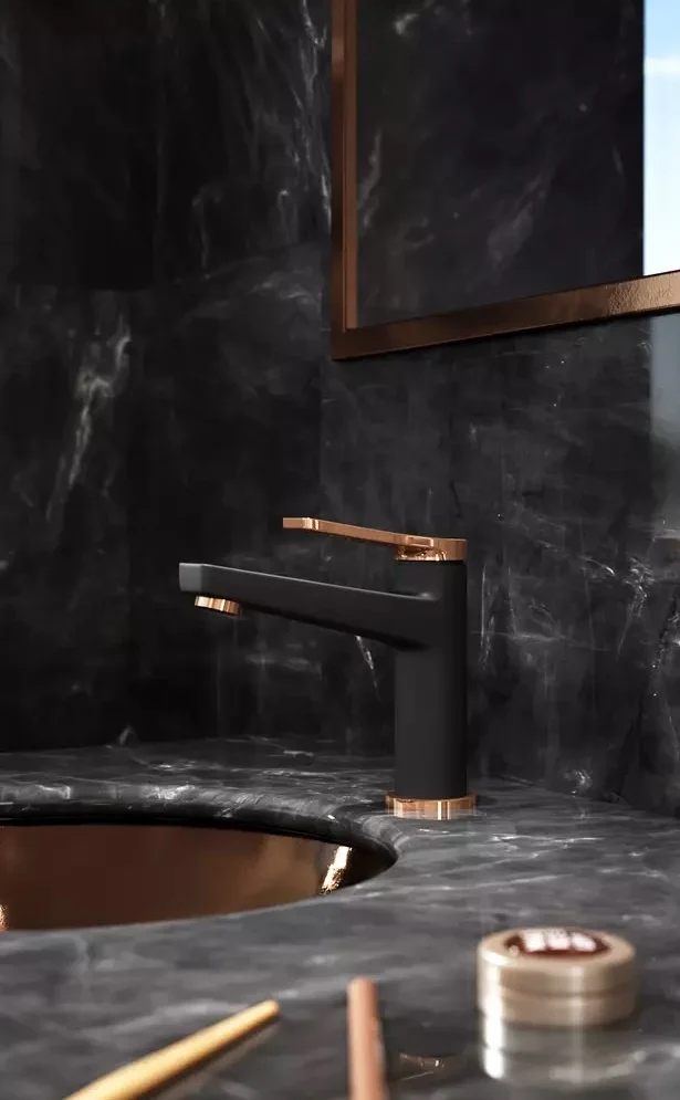 Baterie lavoar neagra mat/rose gold FDesign Seppia, cu ventil click-clack