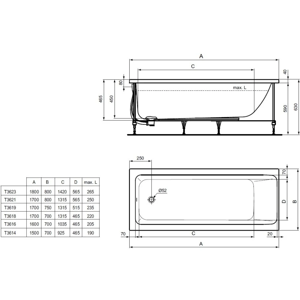 Cada baie dreptunghiulara Ideal Standard Connect Air acril 170x75 cm, set complet