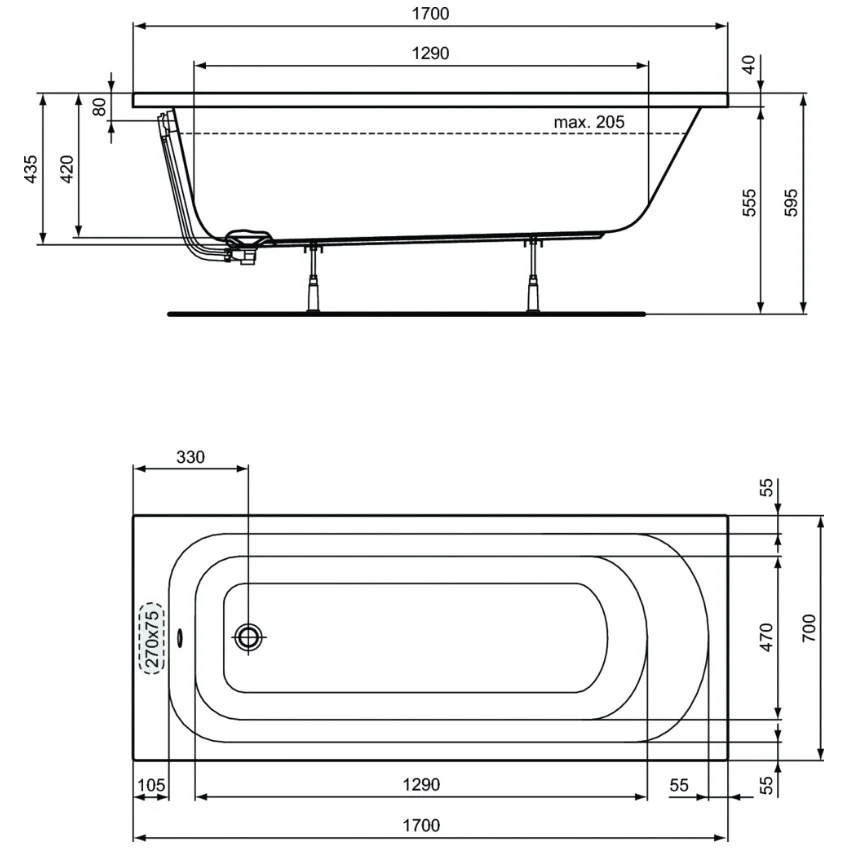 Cada baie dreptunghiulara Ideal Standard Simplicity acril 170x70 cm