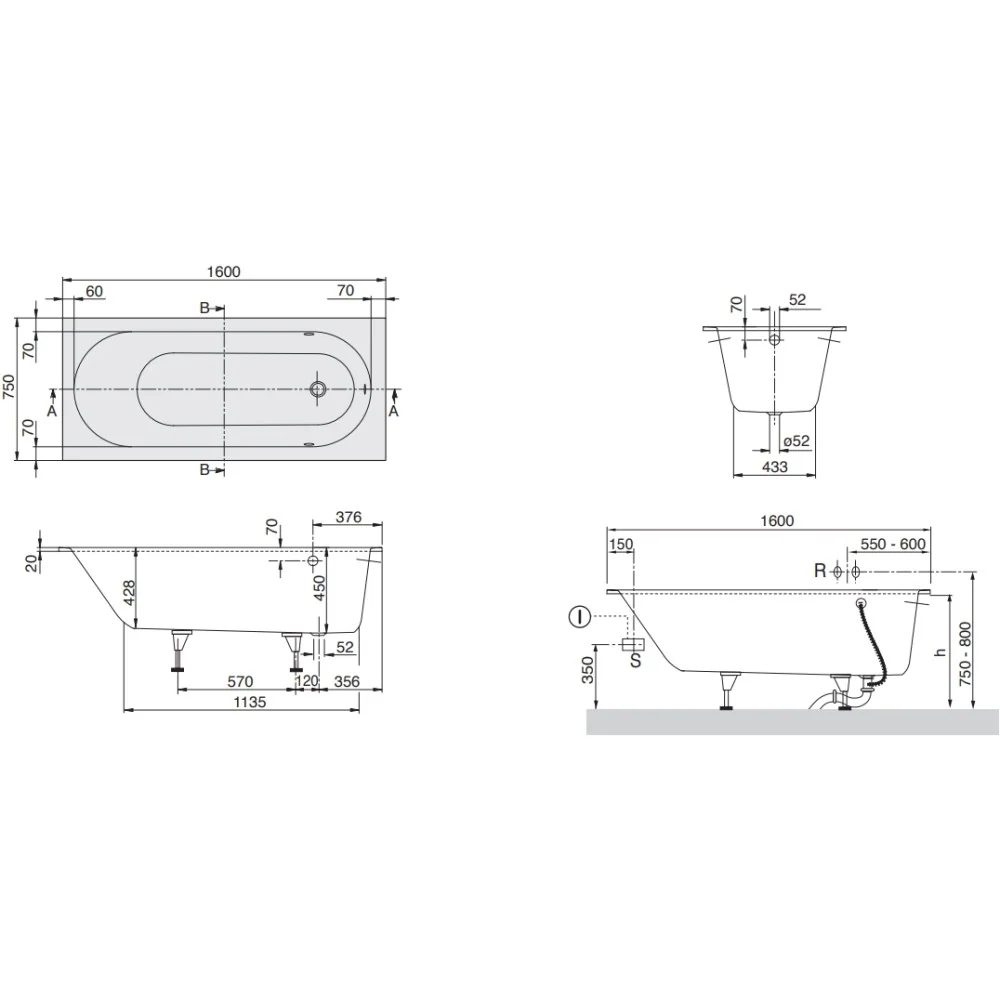 Cada baie dreptunghiulara Villeroy & Boch Oberon compozit 160x75 cm