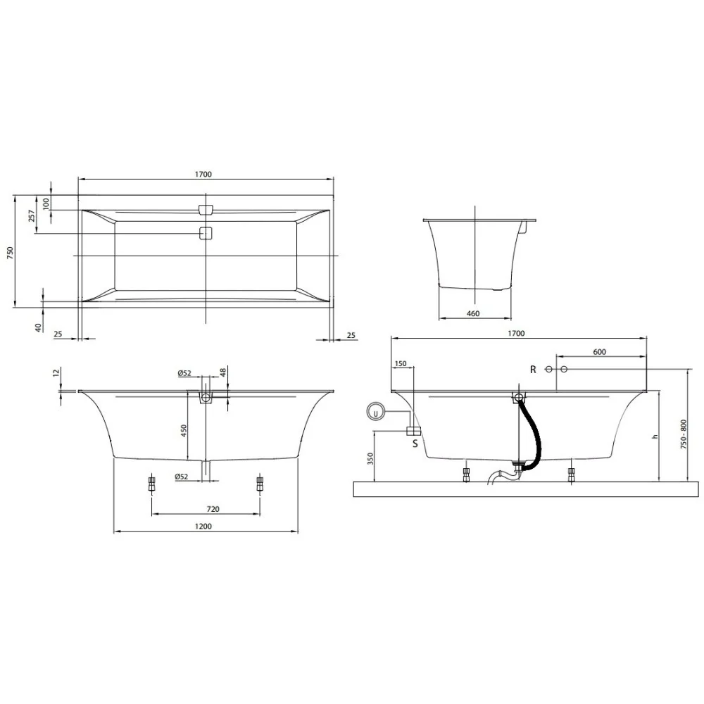 Cada baie dreptunghiulara Villeroy & Boch Squaro Edge compozit 170x75 cm
