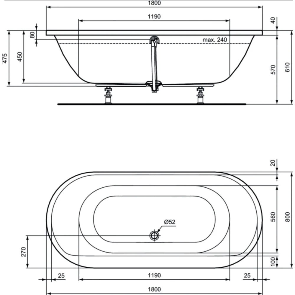 Cada baie ovala Ideal Standard Connect Air acril 180x80 cm