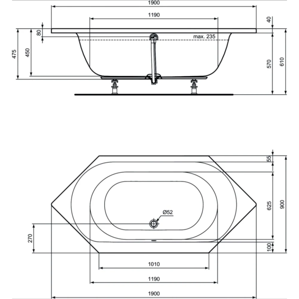 Cada baie poligonala Ideal Standard Connect Air acril 190x90 cm