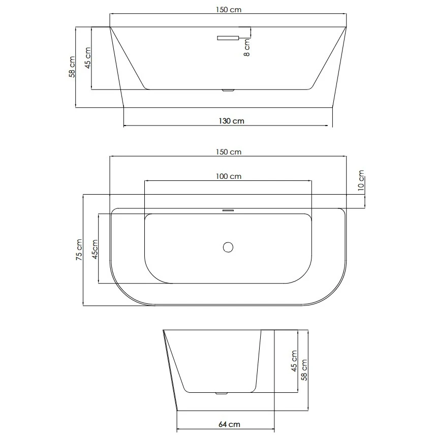 Cada freestanding semirotunda Belform Selene acril 150x75 cm, alb