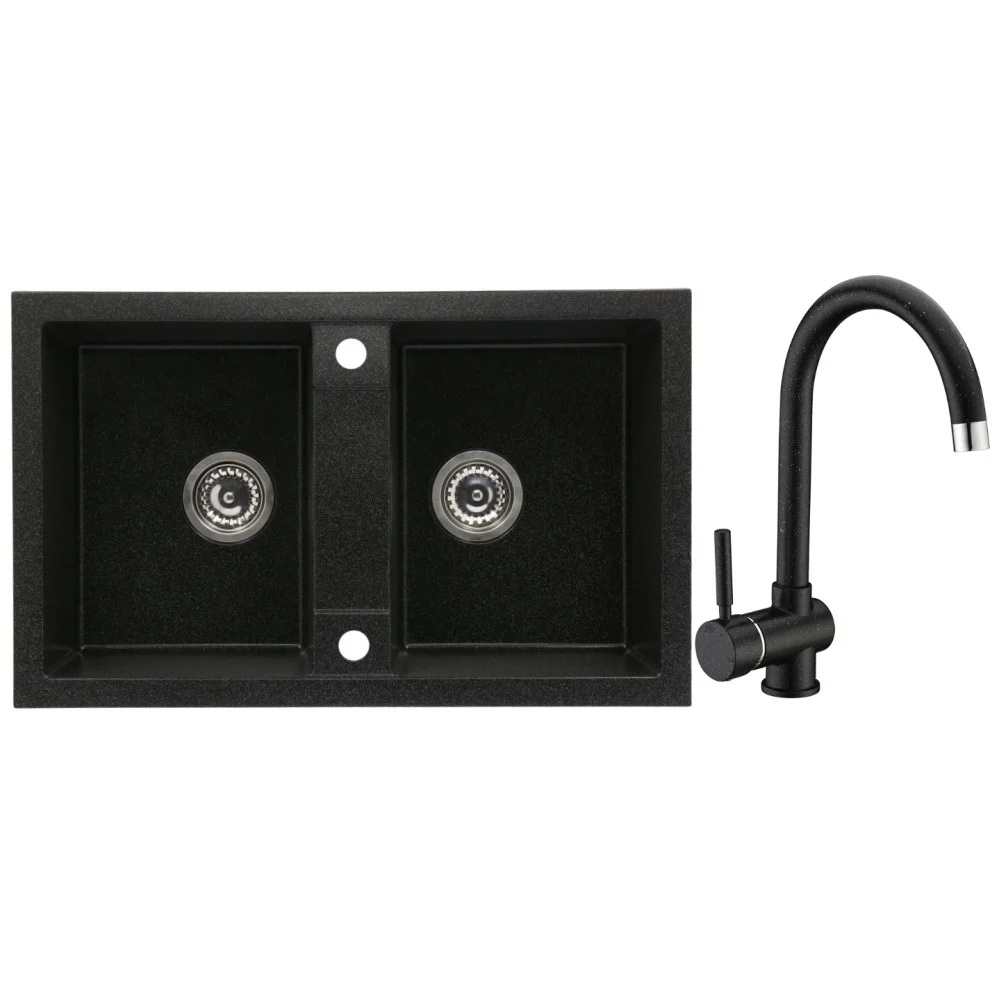 CasaBlanca Duo Set promo chiuveta bucatarie granit cu 2 cuve + baterie BLACK4H), negru