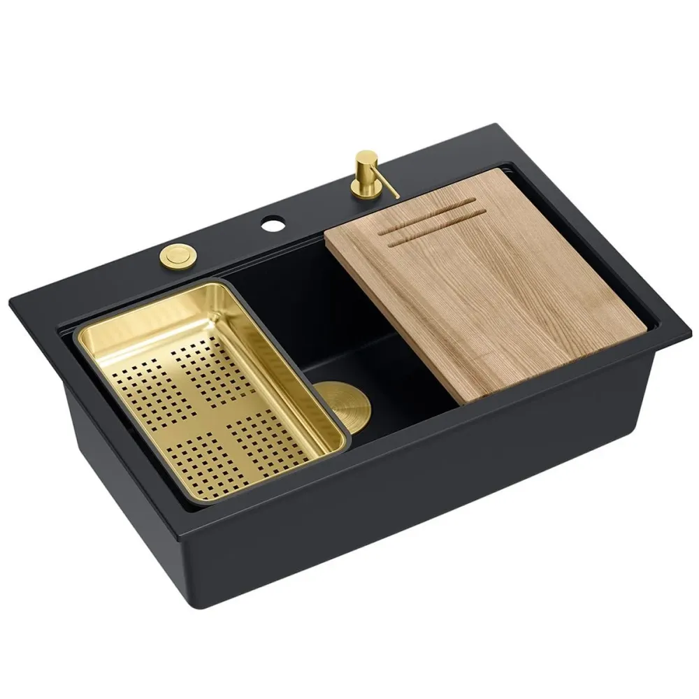 Chiuvetă din granit Marc 110 Quadron,workstation, negru, ventil si accesorii aurii