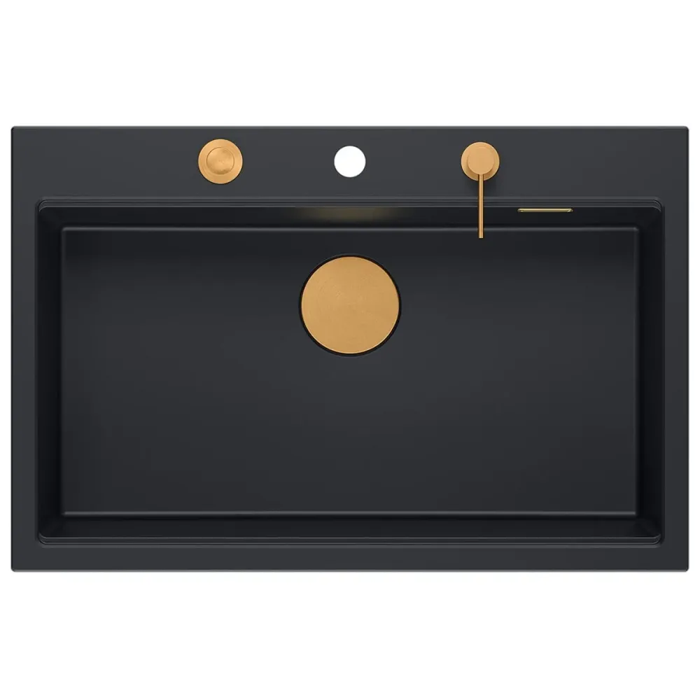 Chiuvetă din granit Marc 110 Quadron,workstation, negru, ventil si accesorii aurii