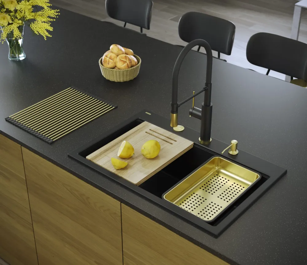 Chiuvetă din granit Marc 110 Quadron,workstation, negru, ventil si accesorii aurii