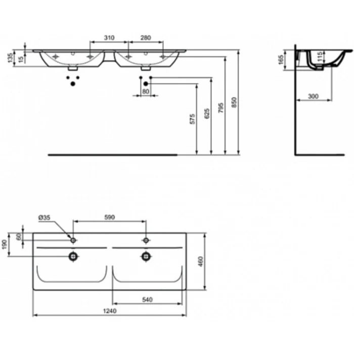 Chiuveta baie dubla suspendata Ideal Standard Connect Air Vanity 124x46 cm