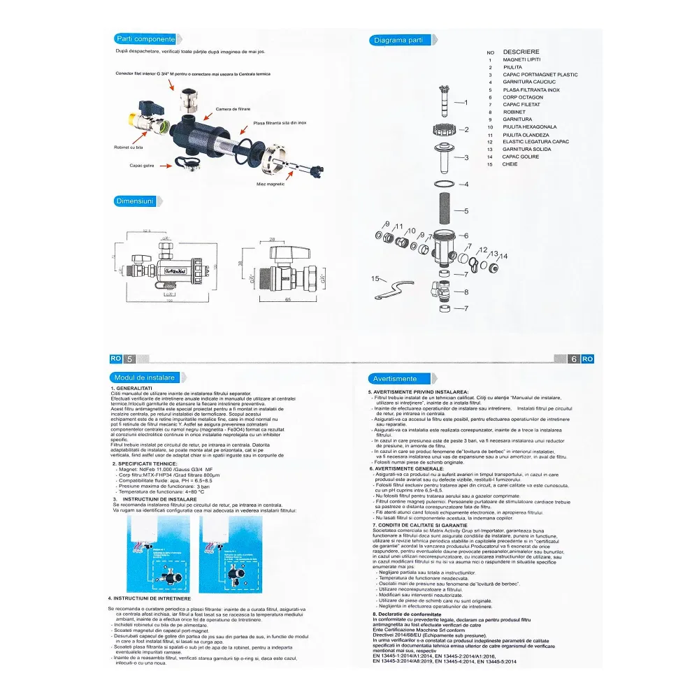 Filtru anti-magnetita 3/4", miez magnetic, 11000 Gauss / EXT 10752