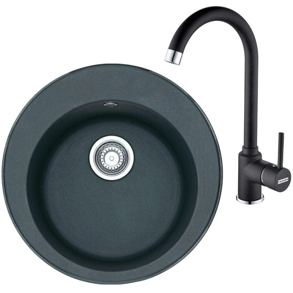 Franke Rotondo ROG 610 Set chiuveta bucatarie granit Ø51 cm cu baterie monocomanda Pola, negru