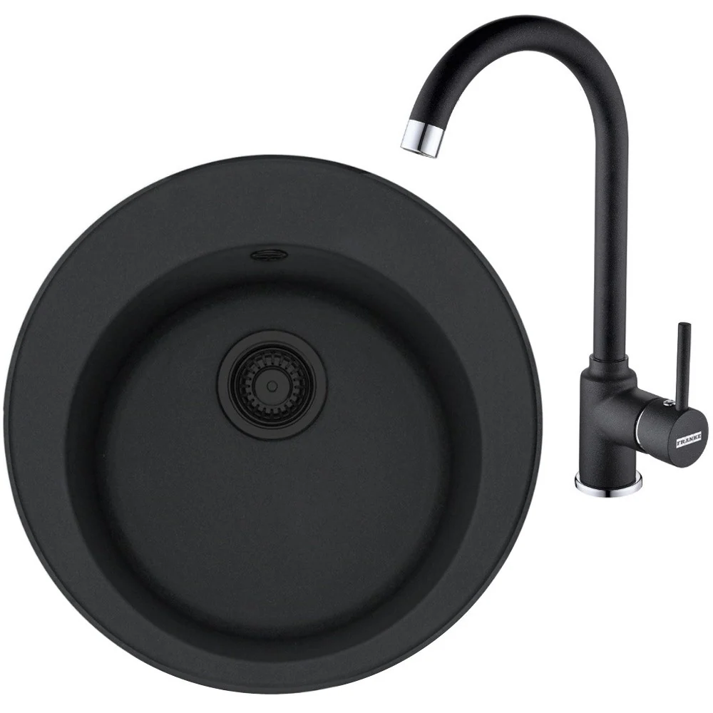 Franke Rotondo ROG 610 VN Set chiuveta bucatarie granit Ø51 cm cu baterie monocomanda Pola, negru