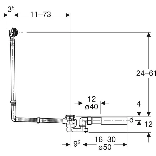 Geberit Sifon cu preaplin pentru cada, actionare prin rotire, L73 cm