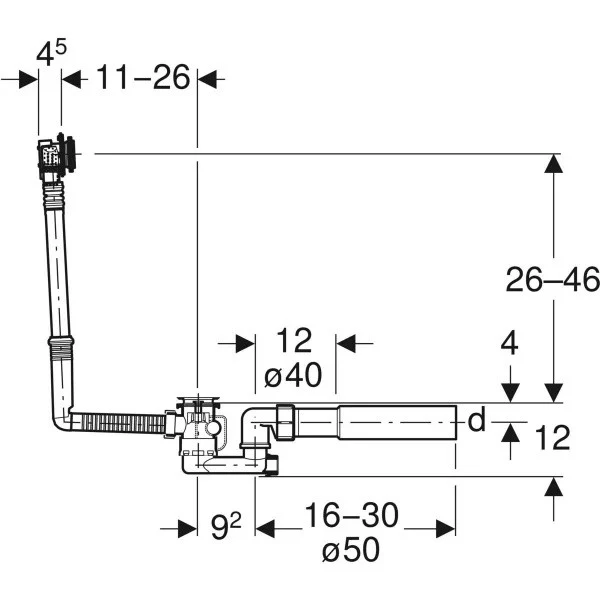Geberit Sifon cu preaplin pentru cada, actionare prin rotire si intrare L26 cm