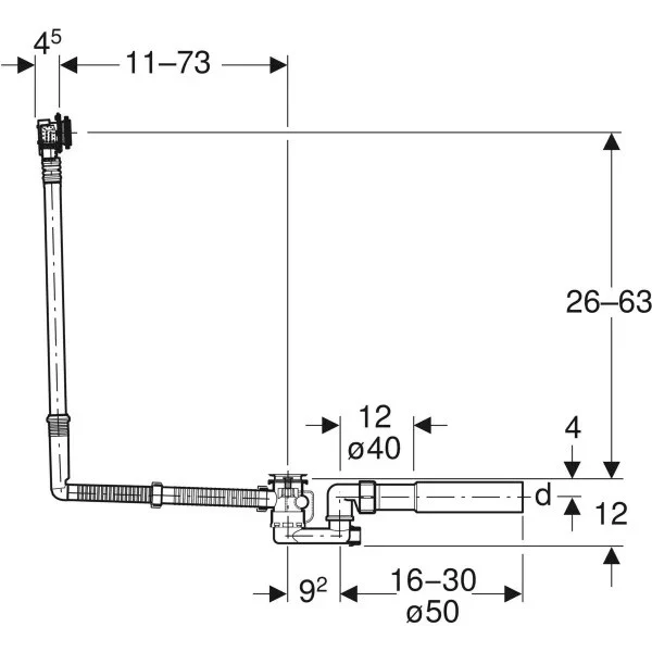 Geberit Sifon cu preaplin pentru cada, actionare prin rotire si intrare, L73 cm