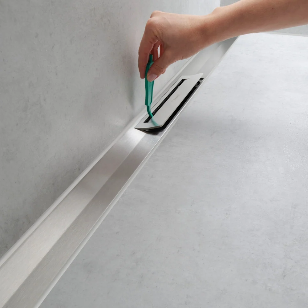 Grila ornament rigola dus Hansgrohe RainDrain Flex 80 cm, montaj la perete, nichel mat (brushed stainless steel)