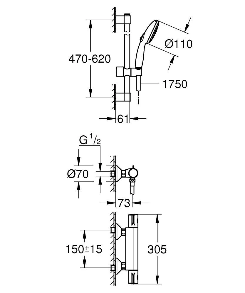 Grohe Grohtherm 800 Baterie dus cu termostat si set de dus cu bara 60 cm
