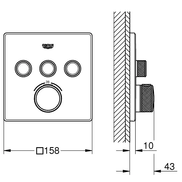 Grohe Grohtherm SmartControl Baterie dus cu termostat si 3 iesiri, patrata, antracit (hard graphite)