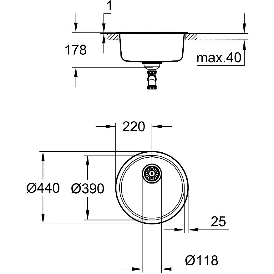 Grohe K200 Chiuveta bucatarie inox cu 1 cuva, Ø44 cm