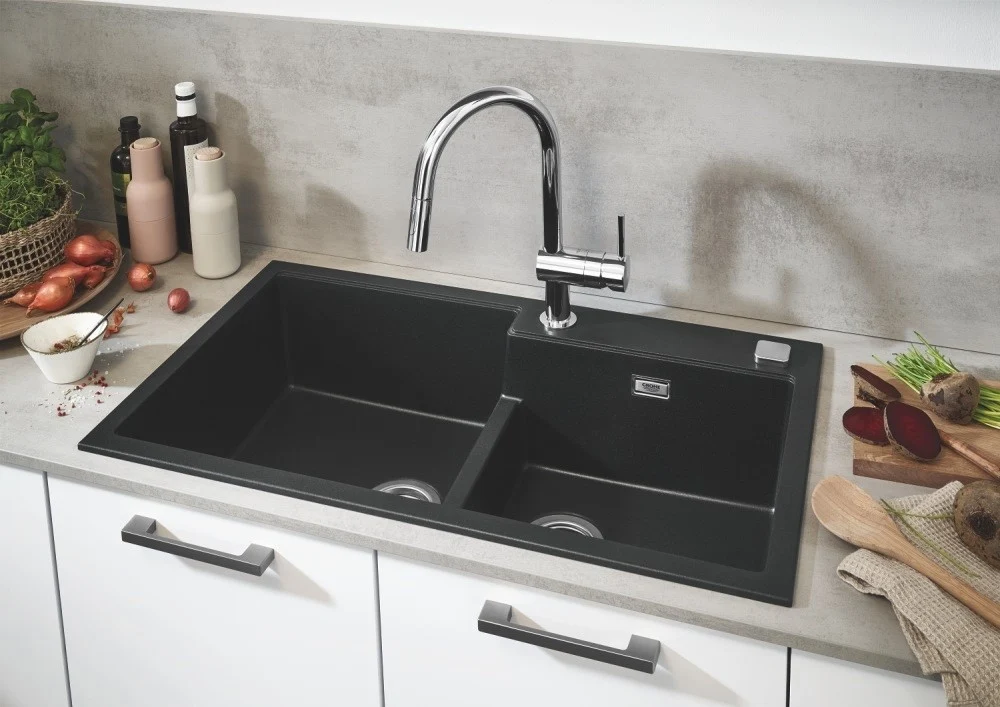 Grohe K500 Chiuveta bucatarie granit cu 2 cuve asimetrice, 86x50 cm, negru