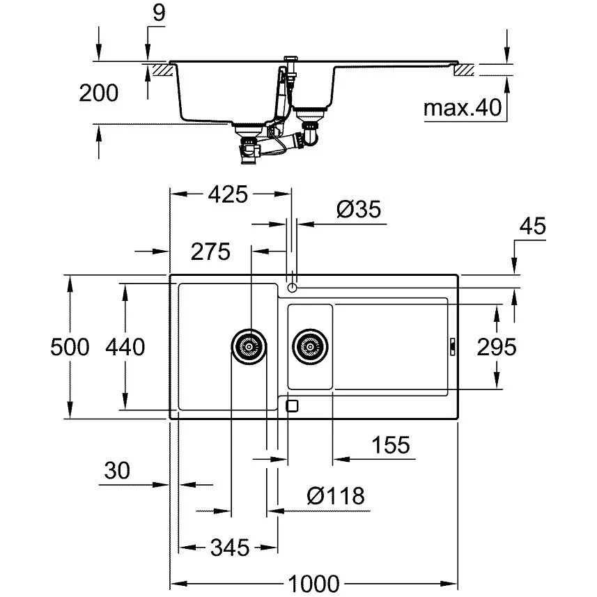 Grohe K500 Chiuveta bucatarie granit cu 2 cuve asimetrice, 100x50 cm, negru